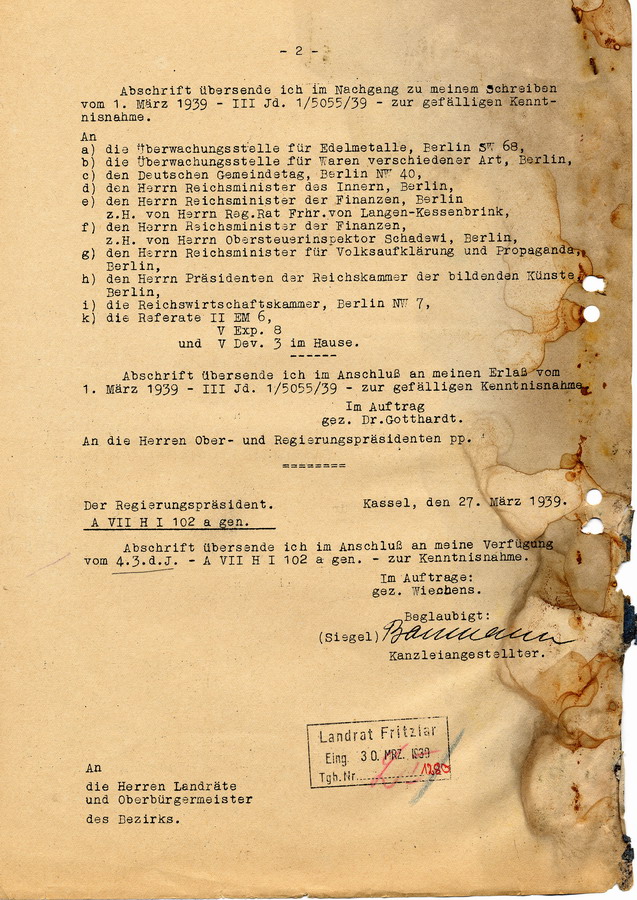 Nachtrag des Reichwirtschaftsministers zu seinem Rundschreiben vom 1. März 1939 an die Regierungspräsidenten. Ablieferung von Edelmetallen und Juwelen, 21. März 1939