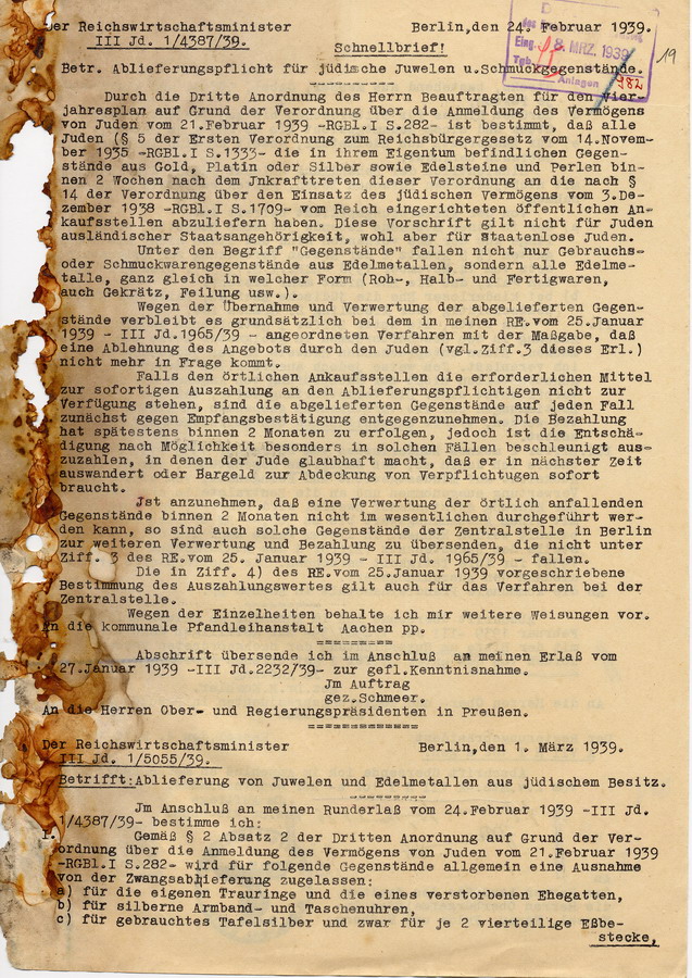 Schreiben des Reichswirtschaftsministers an die Regierungspräsidenten. Einführung einer Ablieferungspflicht für Edelmetalle und Juwelen, 24. Feburar 1939