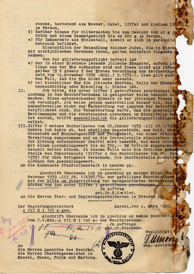 Schreiben des Reichswirtschaftsministers an die Regierungspräsidenten. Einführung einer Ablieferungspflicht für Edelmetalle und Juwelen, 24. Feburar 1939