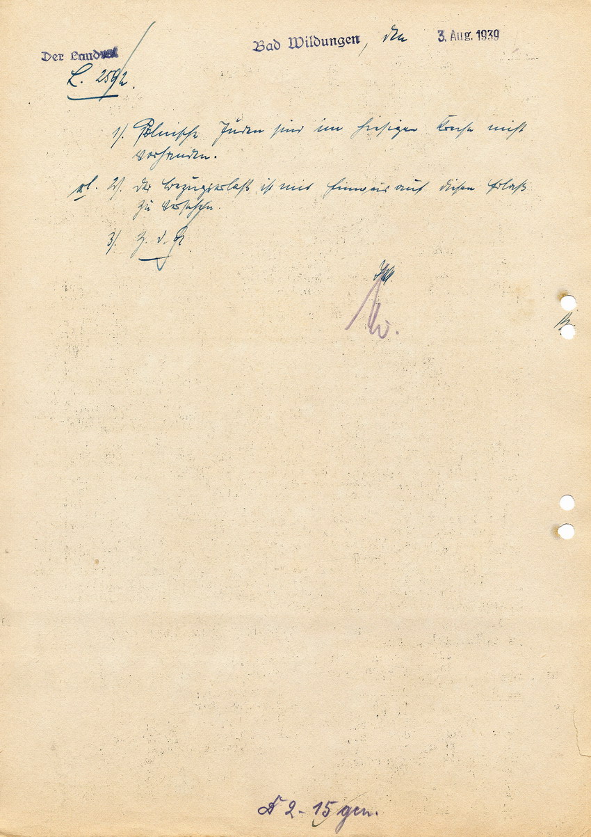 Aktenvermerk des Landrats in Bad Wildungen betreffend polnische Juden im dortigen Kreis, 3. Juli 1939.