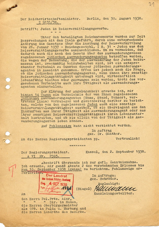 Schreiben des Reichswirtschaftsministers an die Regierungspräsidenten. Wirtschaftliche Existenz von jüdischen "Reiseagenten", 30. August 1938