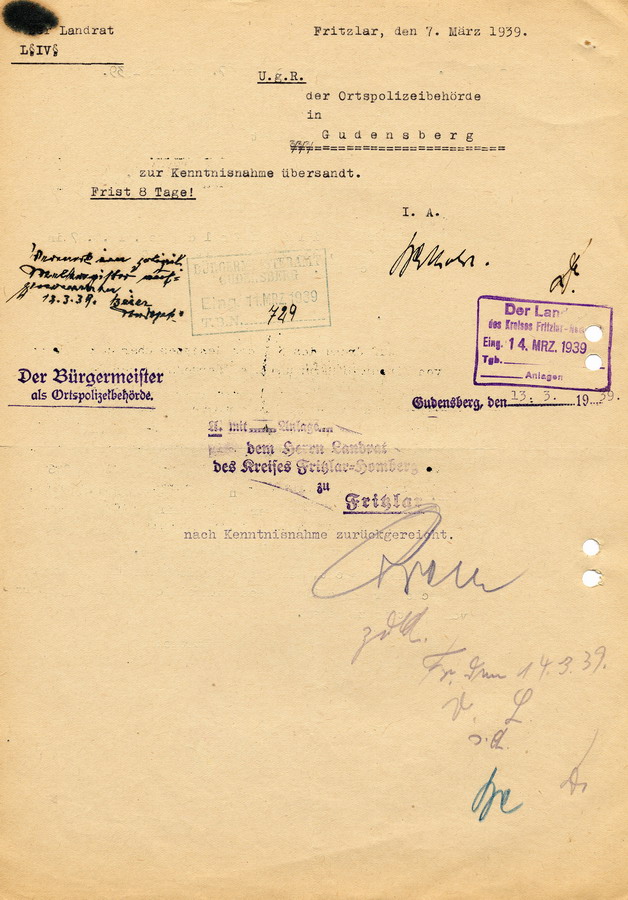 Schreiben der GeStaPo Kassel an den Landrat in Fritzlar. Aberkennung der Reichszugehörigkeit von Siegfried Lilienfeld aus Gudensberg, 27. Februar 1939