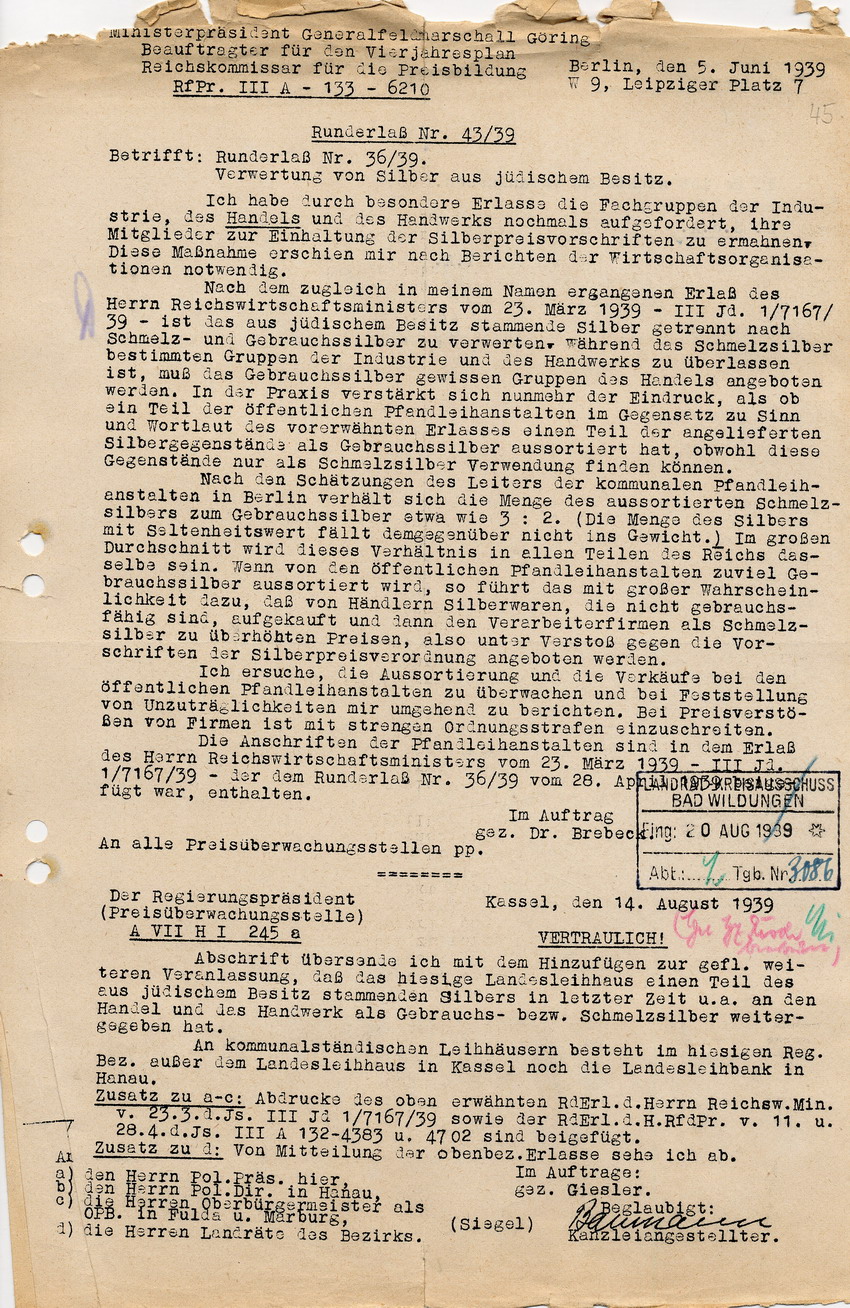 Schreiben des Beauftragten für den Vierjahresplan und Reichskommissar für die Preisbildung Ministerpräsident Generalfeldmarschall Göring betreffend Verwertung von Silber aus jüdischem Besitz, 5. Juni 1939.