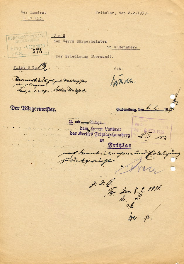 Schreiben der GeStaPo Kassel an den Landrat in Fritzlar. Aberkennung der Reichszugehörigkeit von Ernst Adler aus Gudenberg, 24. Januar 1939