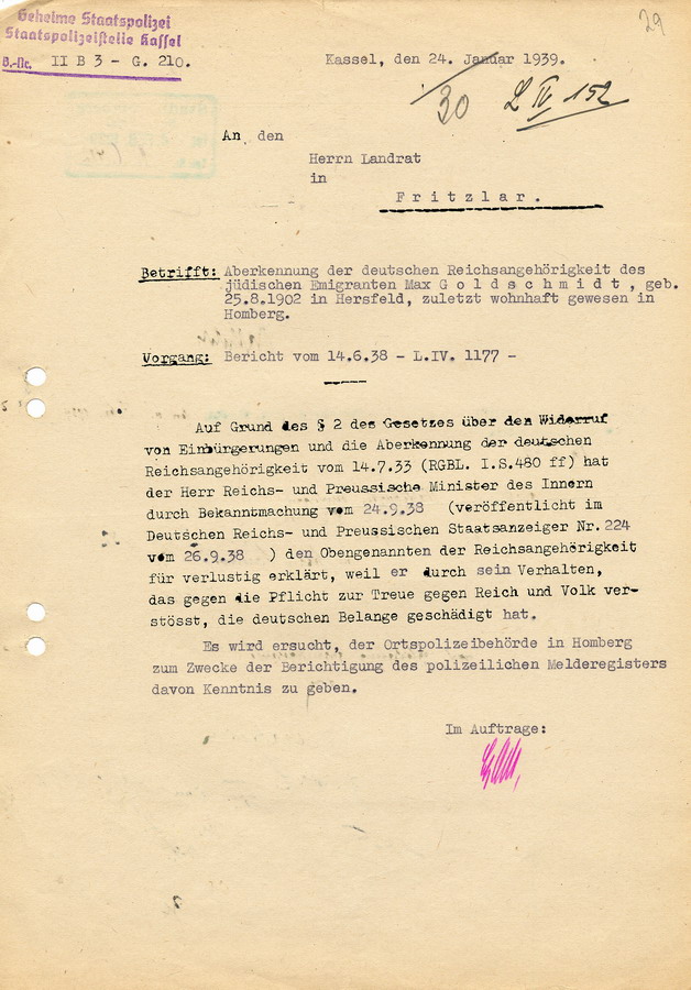 Schreiben der GeStaPo Kassel an den Landrat in Fritzlar. Aberkennung der Reichszugehörigkeit von Max Goldschmidt aus Homberg, 24. Januar 1939