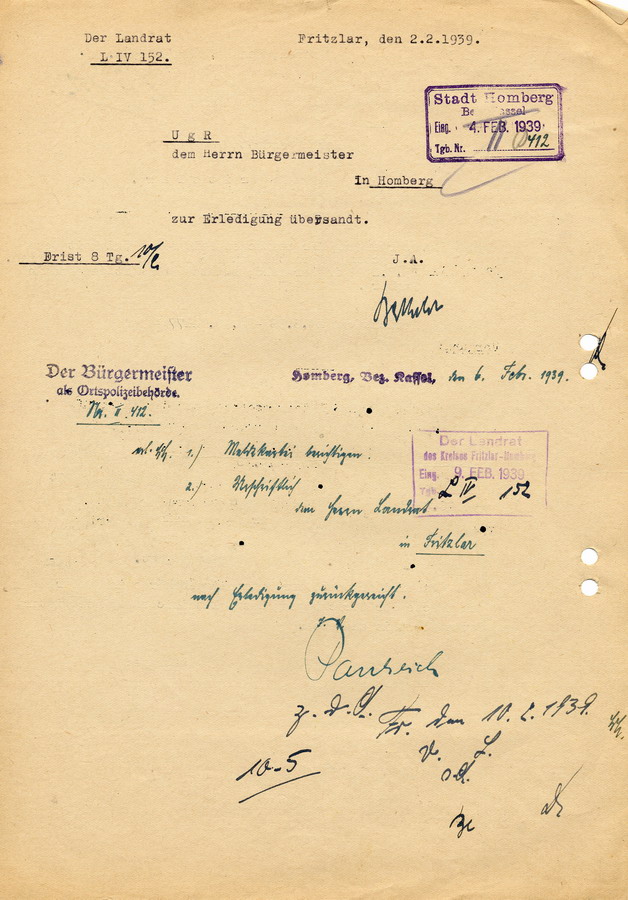 Schreiben der GeStaPo Kassel an den Landrat in Fritzlar. Aberkennung der Reichszugehörigkeit von Max Goldschmidt aus Homberg, 24. Januar 1939