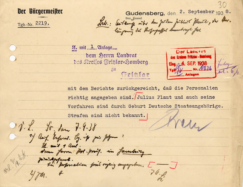 Schreiben des Bürgermeisters in Gudensberg an den Landrat in Fritzlar. Auskünfte über Julius Plaut, 2. September 1938