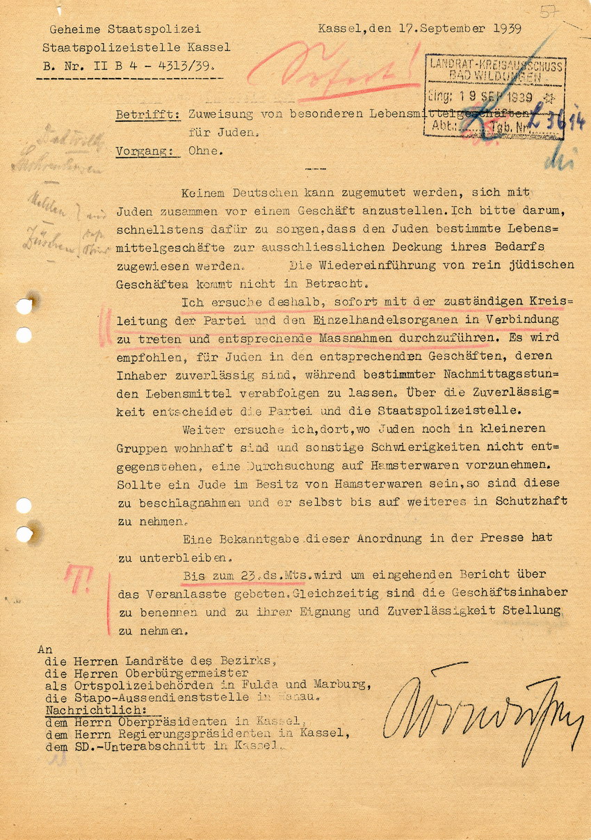 Anordnung der Staatspolizeistelle in Kassel betreffend Zuweisung besonderer Lebensmittelgeschäfte für Juden, 17. September 1939.