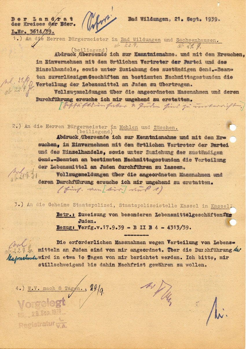 Anordnung der Staatspolizeistelle in Kassel betreffend Zuweisung besonderer Lebensmittelgeschäfte für Juden, 17. September 1939.