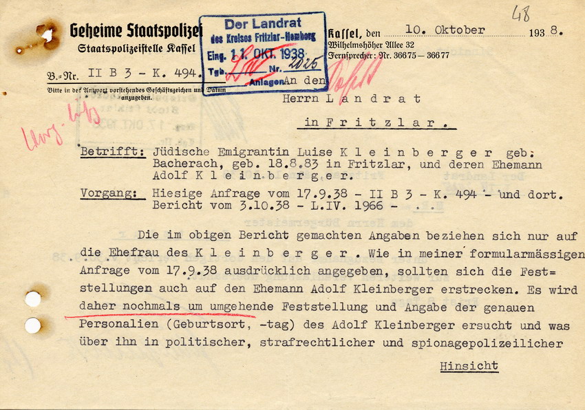 Schreiben der GeStaPo Kassel an den Landrat in Fritzlar. Anfrage über Daten von Adolf Kleinberger, 10. Oktober 1938