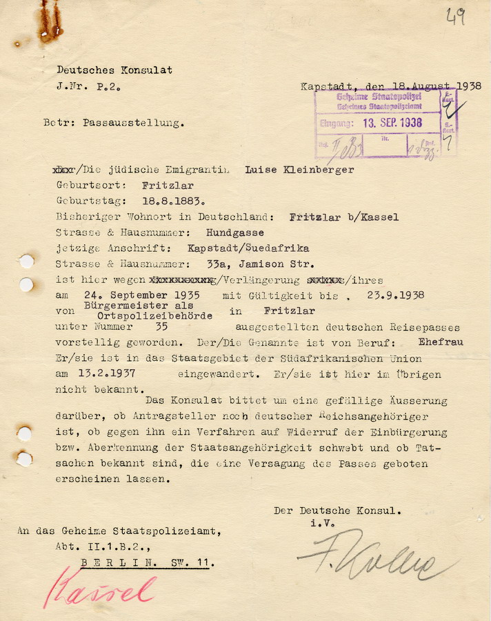 Schreiben des Deutschen Konsulats in Kapstadt an die GeStaPo Kassel. Anfrage über Daten von Adolf Kleinberger, 18. August 1938