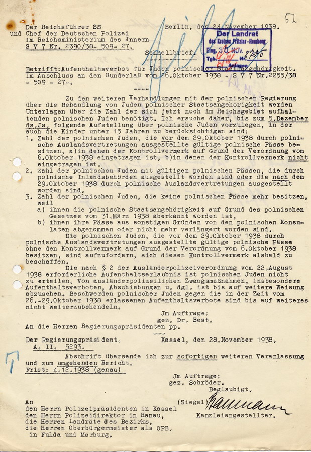 Schreiben des Reichsführers SS an die Regierungspräsidenten. Aufenthaltsverbot für Juden mit polnischer Staatsangehörigkeit, 24. November 1938
