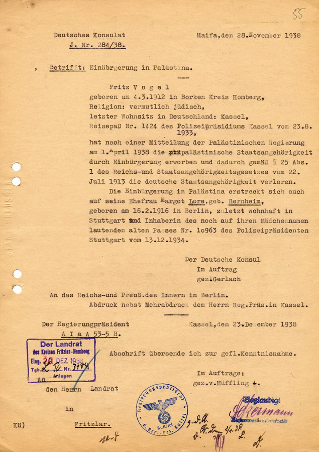 Schreiben des Deutschen Konsulats in Haifa an den Regierungspräsidenten in Kassel. Einbürgerung von Fritz Vogel in Palästina, 28. November 1938