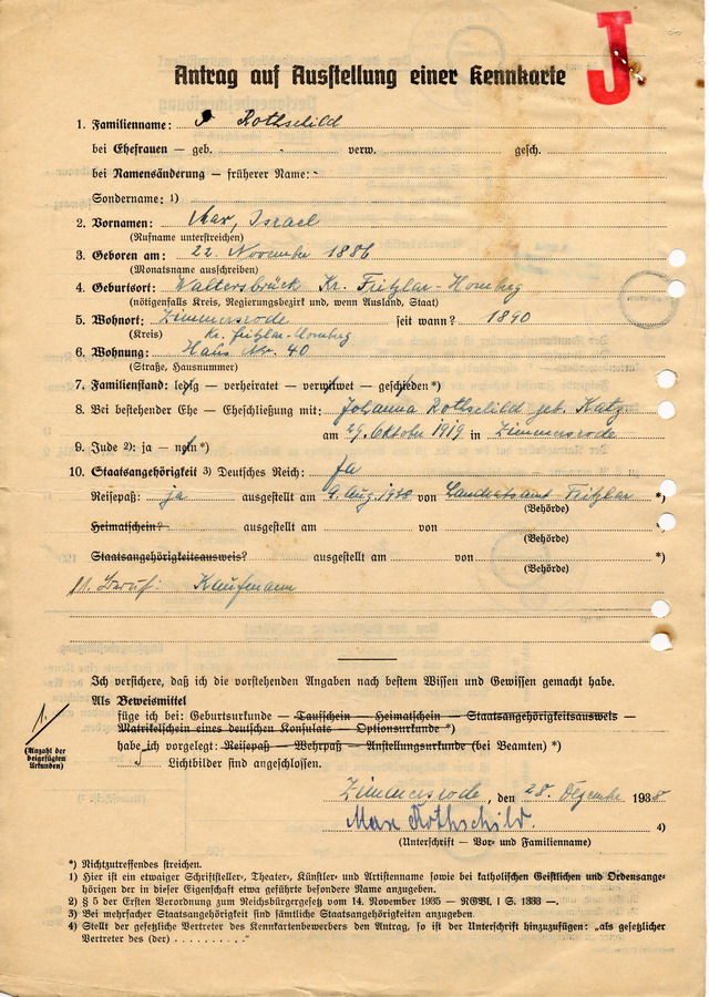 Antrag von Max Rothschild, ausgestellt durch den Bügermeister in Zimmersrode. Antrag auf Ausstellung einer Kennkarte, mit Personenbeschreibung und Geburtsurkunde, 28.12.1938