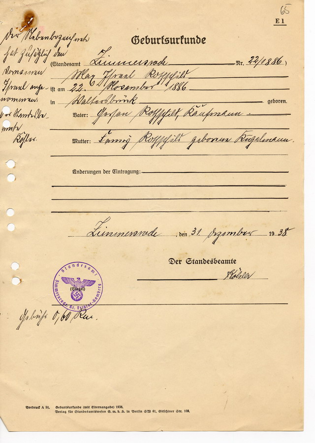 Antrag von Max Rothschild, ausgestellt durch den Bügermeister in Zimmersrode. Antrag auf Ausstellung einer Kennkarte, mit Personenbeschreibung und Geburtsurkunde, 28.12.1938