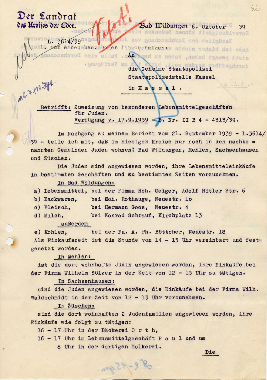 Antwortschreiben des Landrats des Kreises der Eder in Bad Wildungen an die Staatspolizeistelle Kassel betreffend Auflistung der Lebensmittelgeschäfte und Uhrzeiten, zu denen Juden einkaufen gehen dürfen, 6. Oktober 1939.