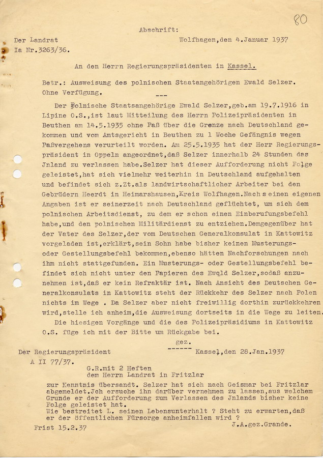 Abschrift eines Schreibens des Landrats in Wolfhagen an den Regierungspräsidenten in Kassel. Ausweisung des polnischen Staatsangehörigen Ewald Selzer, 4. Januar 1937