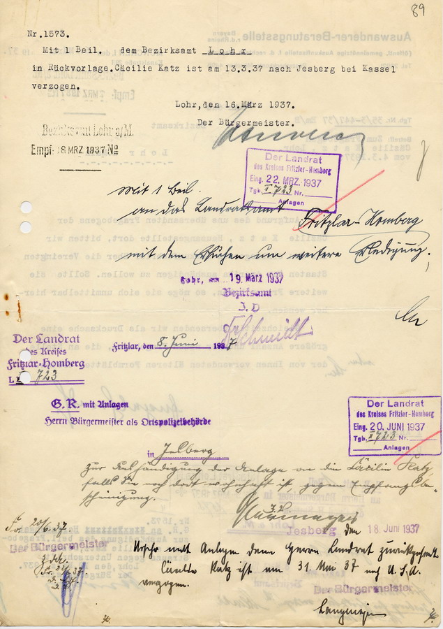 Weiterleitung eines Schreibens der Auswanderer-Beratungsstelle in München an den Bürgermeister in Lohr an den Landrat in Fritzlar. Antwort auf eine Anfrage über Cäzilie Katz, 6. März 1937