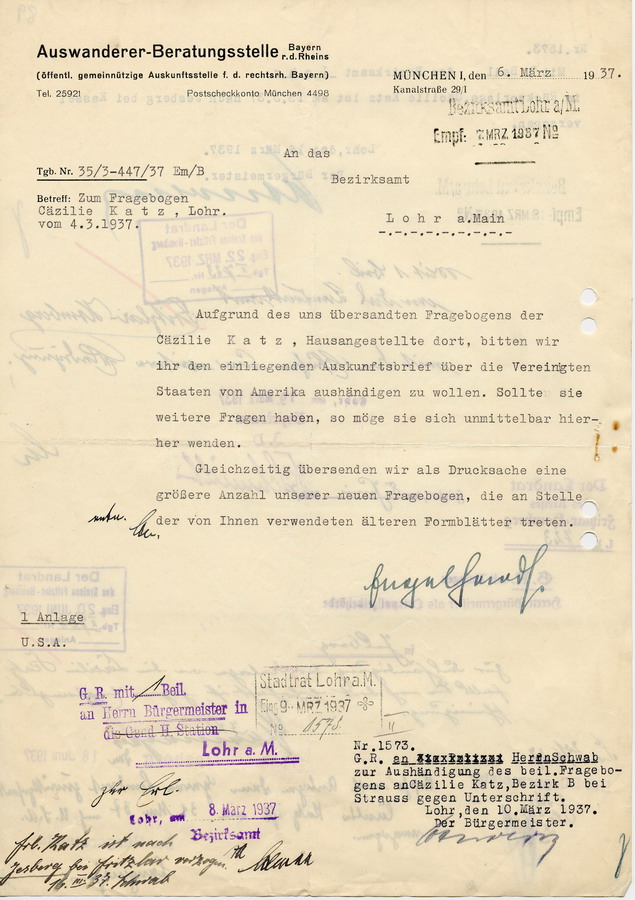 Weiterleitung eines Schreibens der Auswanderer-Beratungsstelle in München an den Bürgermeister in Lohr an den Landrat in Fritzlar. Antwort auf eine Anfrage über Cäzilie Katz, 6. März 1937