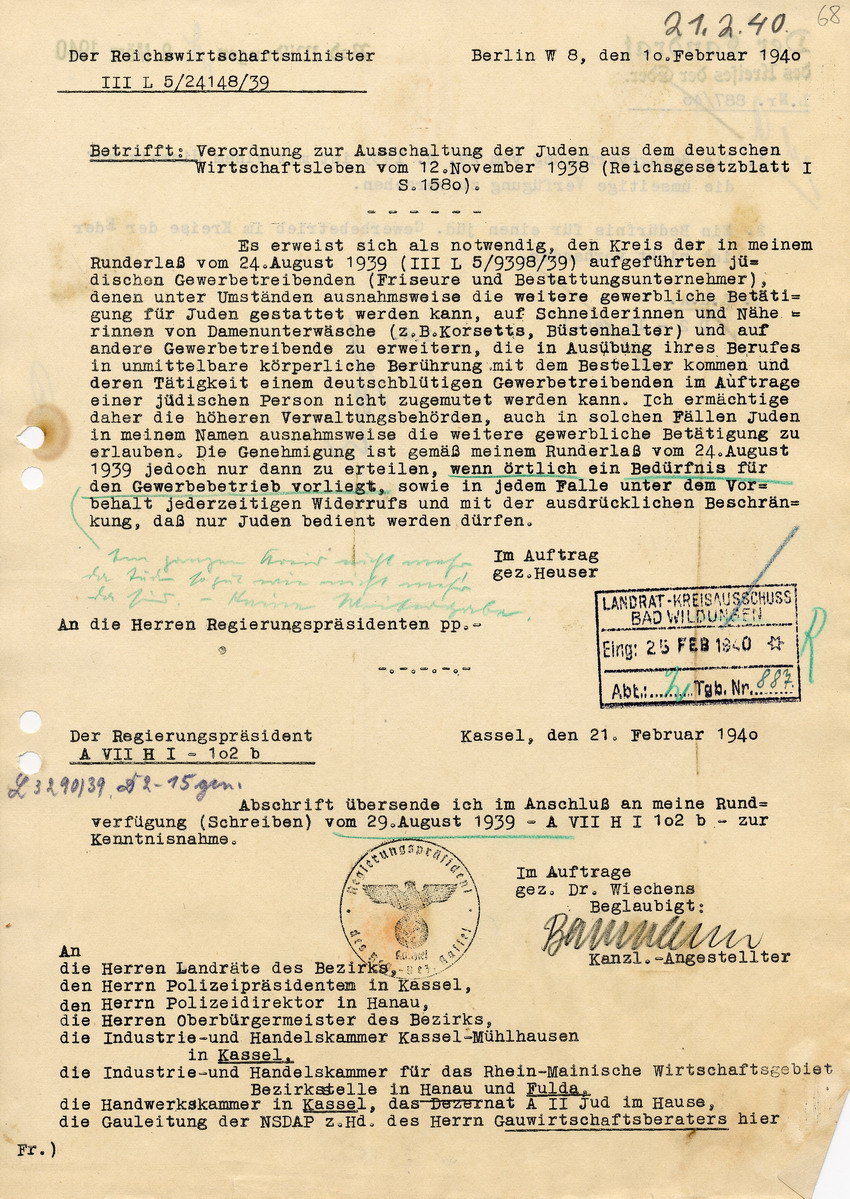 Verfügung des Reichswirtschaftsministers betreffend Genehmigung der weiteren Betätigung u. a. jüdischer Schneiderinnen und Näherinnen von Damenunterwäsche, 10. Februar 1940.