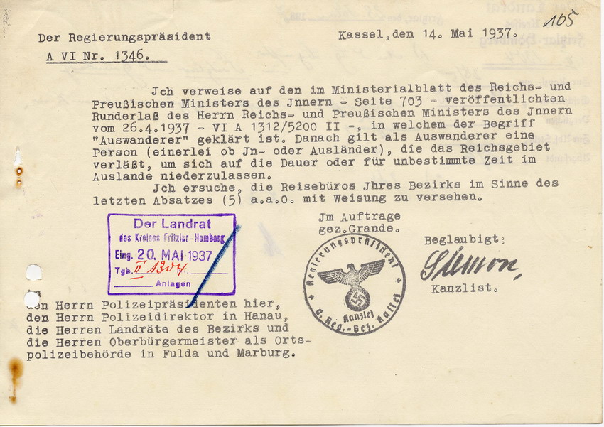 Schreiben des Regierungspräsidents in Kassel an die Landräte, Bürgermeister und Polizei. Klärung des Begriffs "Auswanderer", 14. Mai 1937