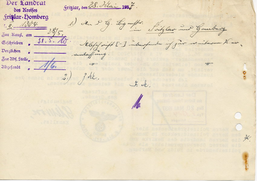 Schreiben des Regierungspräsidents in Kassel an die Landräte, Bürgermeister und Polizei. Klärung des Begriffs "Auswanderer", 14. Mai 1937