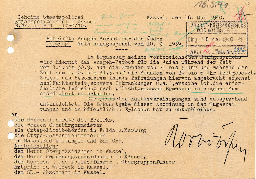 Schreiben der Staatspolizeistelle in Kassel betreffend Ausgeh-Verbot für Juden, 16. Mai 1940.