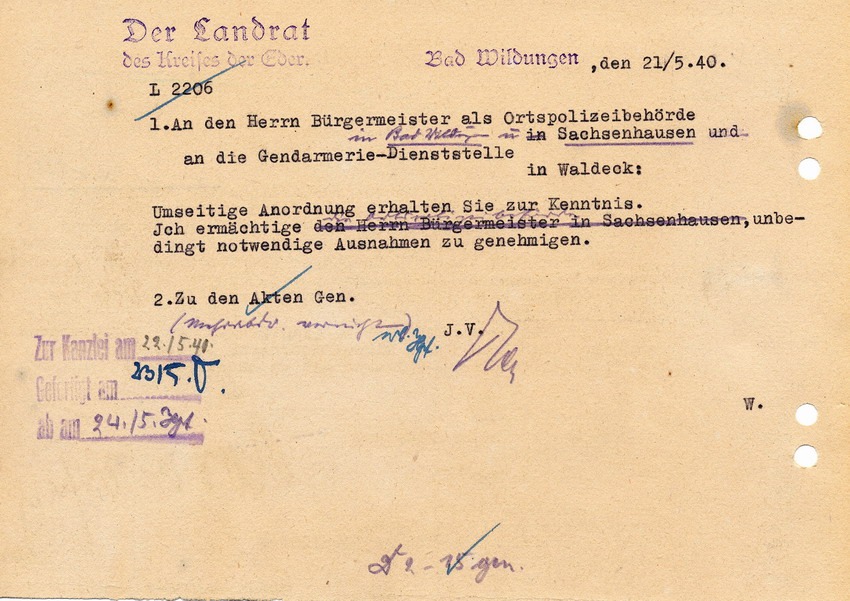 Schreiben der Staatspolizeistelle in Kassel betreffend Ausgeh-Verbot für Juden, 16. Mai 1940.