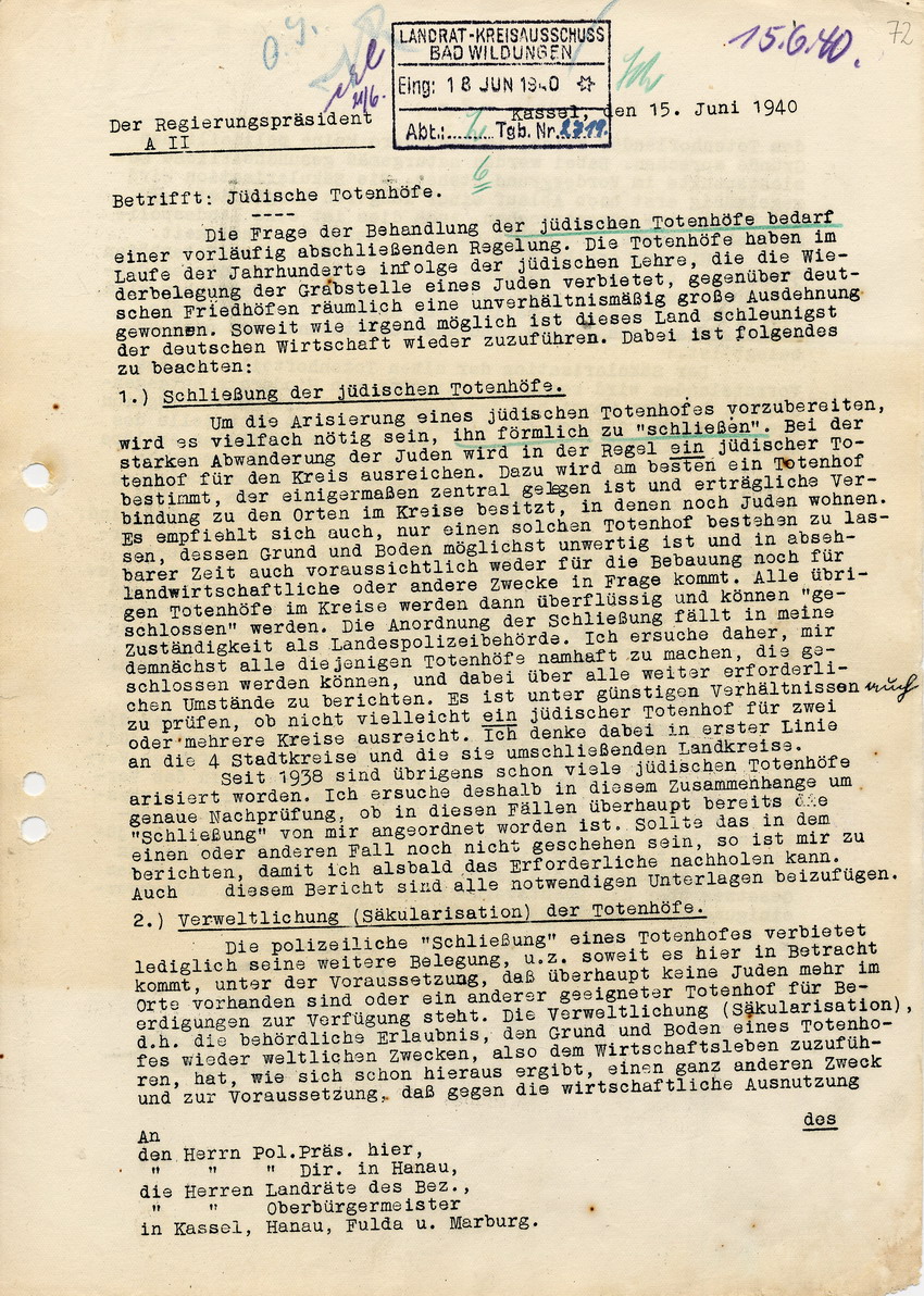 Schreiben des Regierungspräsidenten in Kassel betreffend "Säkularisation" jüdischer Friedhöfe, 15. Juni 1940.