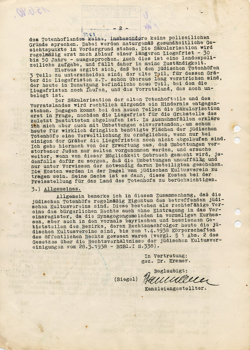 Schreiben des Regierungspräsidenten in Kassel betreffend "Säkularisation" jüdischer Friedhöfe, 15. Juni 1940.
