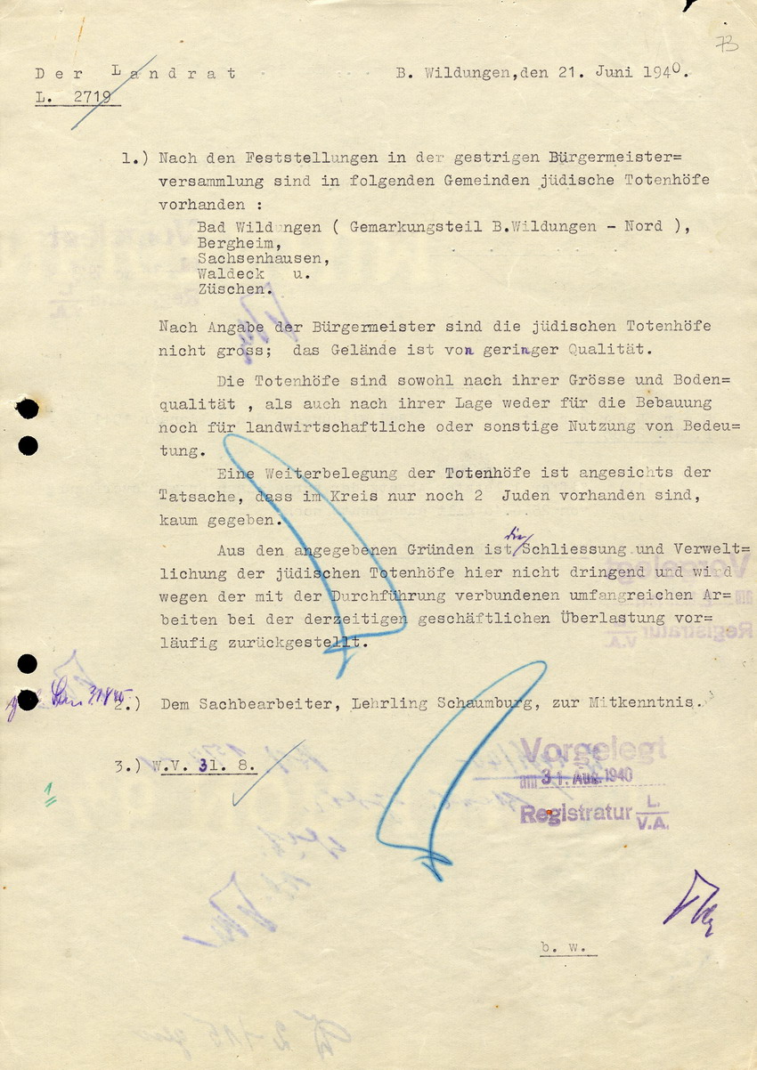 Entwurfsverfügung des Landrats in Bad Wildungen betreffend Umgang mit jüdischen Friedhöfen im Kreis, 21. Juni 1940.
