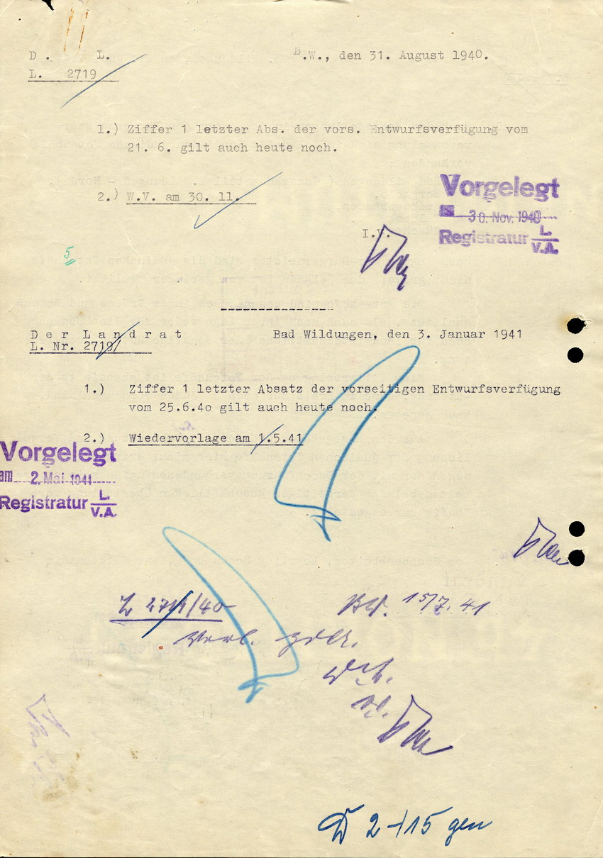 Entwurfsverfügung des Landrats in Bad Wildungen betreffend Umgang mit jüdischen Friedhöfen im Kreis, 21. Juni 1940.