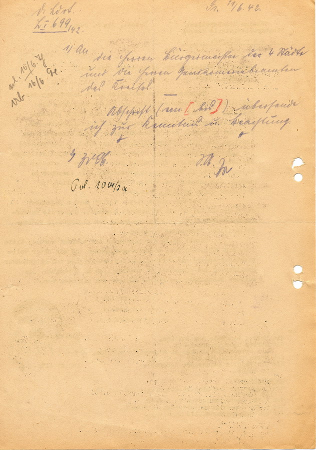 Schreiben der GeStaPo Kassel an Landräte, Bürgermeister und Polizei. Juden sollen bei "deutschblütigen" Friseuren nicht mehr bedient werden dürfen, 8. Juni 1942