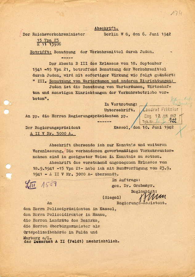 Schreiben des Reichsverkehrsministers an die Regierungspräsidenten. Juden dürfen keine Einrichtungen der Verkehrsbetriebe mehr benutzen, 6. Juni 1942
