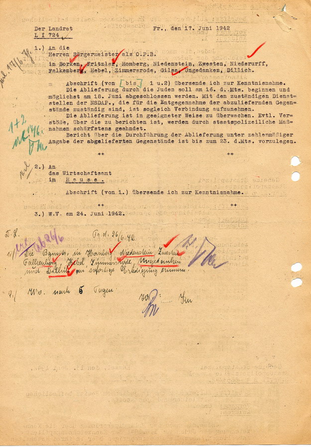 Schreiben der GeStaPo Kassel an die Landräte, Bürgermeister und Polizei. Im Verlauf der Deportationen enteignete "Altkleider und Spinnstoffe" sollen zur Weiterverwertung abgeliefert werden, 13. Juni 1942