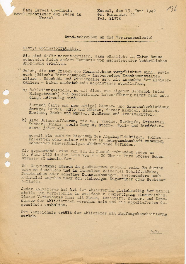 Schreiben des Bevollmächtigten der Juden in Kassel Hans Oppenheim an Vertrauensleute und Behörden. Handlungsanweisungen zur Abgabe der Textilien, 13. Juni 1942