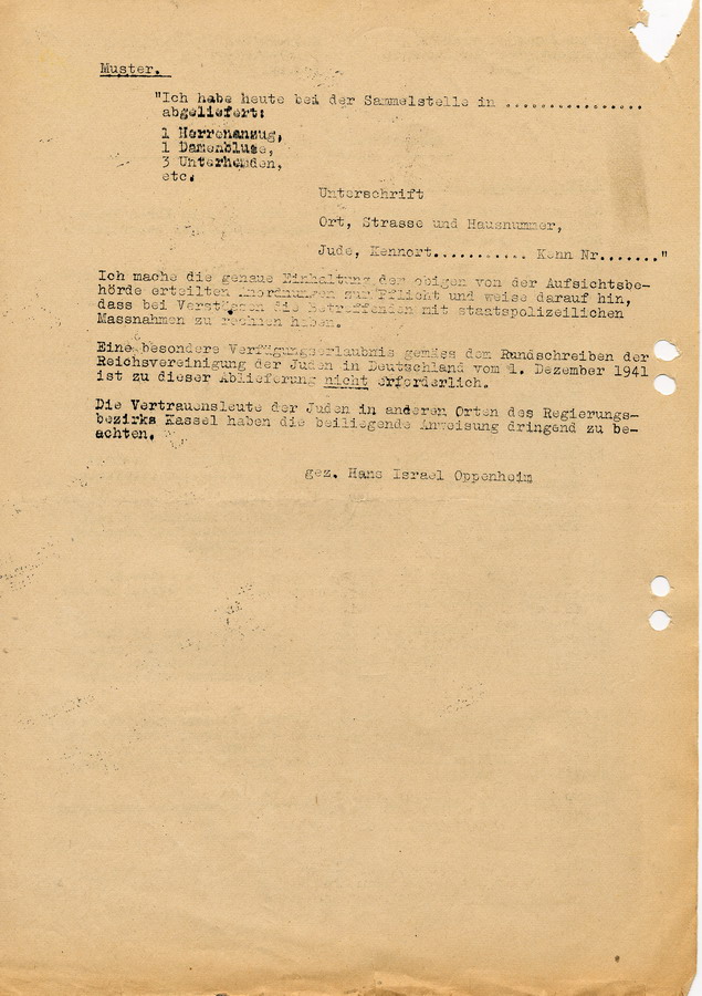 Schreiben des Bevollmächtigten der Juden in Kassel Hans Oppenheim an Vertrauensleute und Behörden. Handlungsanweisungen zur Abgabe der Textilien, 13. Juni 1942