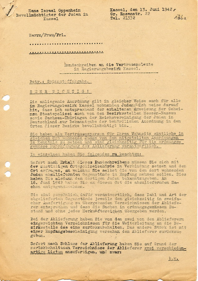 Schreiben des Bevollmächtigten der Juden in Kassel Hans Oppenheim an Vertrauensleute und Behörden. Weitere Handlungsanweisungen zur Organisation der Abgabe von Textilien, 13. Juni 1942