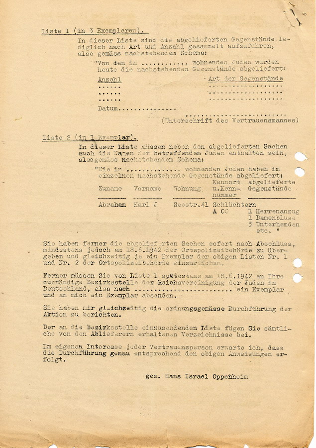 Schreiben des Bevollmächtigten der Juden in Kassel Hans Oppenheim an Vertrauensleute und Behörden. Weitere Handlungsanweisungen zur Organisation der Abgabe von Textilien, 13. Juni 1942