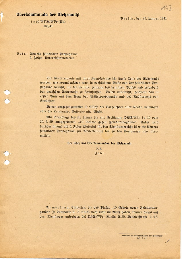 Schreiben des Regierungspräsidenten an Landräte, Bürgermeister und Polizei. Abwehr "feindlicher Propaganda" durch das OKW, 21. März 1941