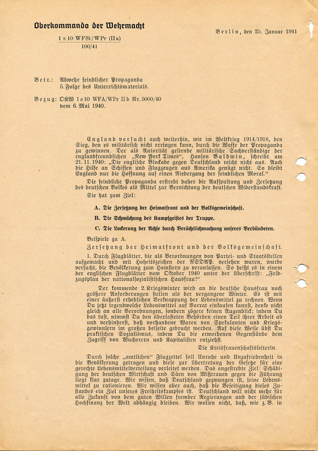 Schreiben des Regierungspräsidenten an Landräte, Bürgermeister und Polizei. Abwehr "feindlicher Propaganda" durch das OKW, 21. März 1941