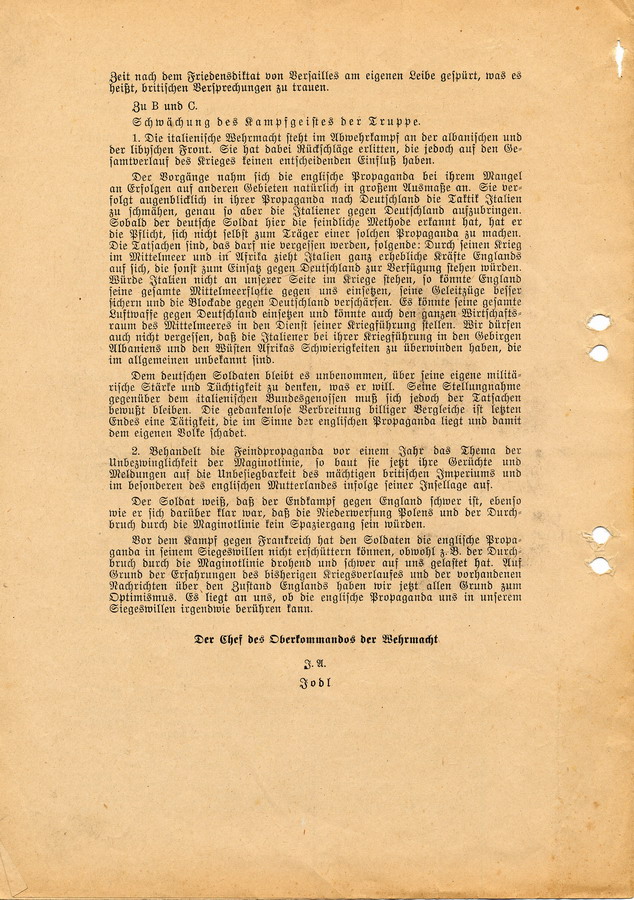 Schreiben des Regierungspräsidenten an Landräte, Bürgermeister und Polizei. Abwehr "feindlicher Propaganda" durch das OKW, 21. März 1941