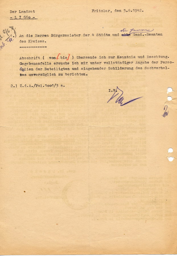 Schreiben der GeStaPo Kassel an Landräte, Bürgermeister und Polizei. Aussereheliche Beziehungen "jüdischer Mischlinge 1. Grades" sollen verboten werden, 27. April 1942