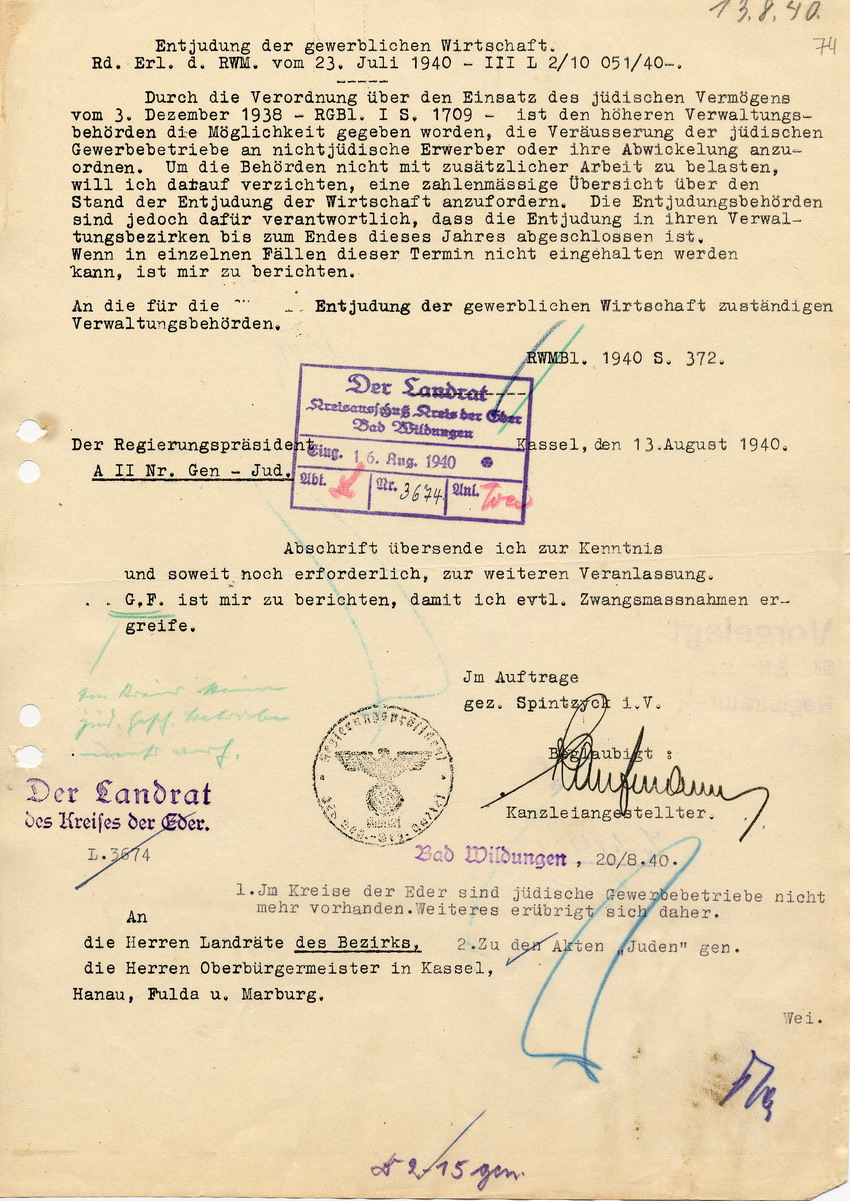 Runderlass des Reichswirtschaftsministers betreffend "Abschluss der Entjudung der Wirtschaft", 23. Juli 1940.