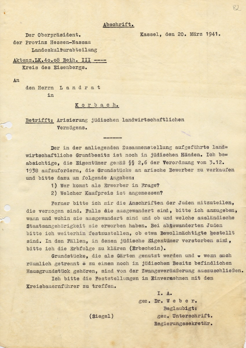 Schreiben des Oberpräsidenten der Provinz Hessen-Nassau Landeskulturabteilung an den Landrat in Korbach betreffend "Arisierung" von jüdischem landwirtschaftlichem Grundbesitz, 20. März 1941.