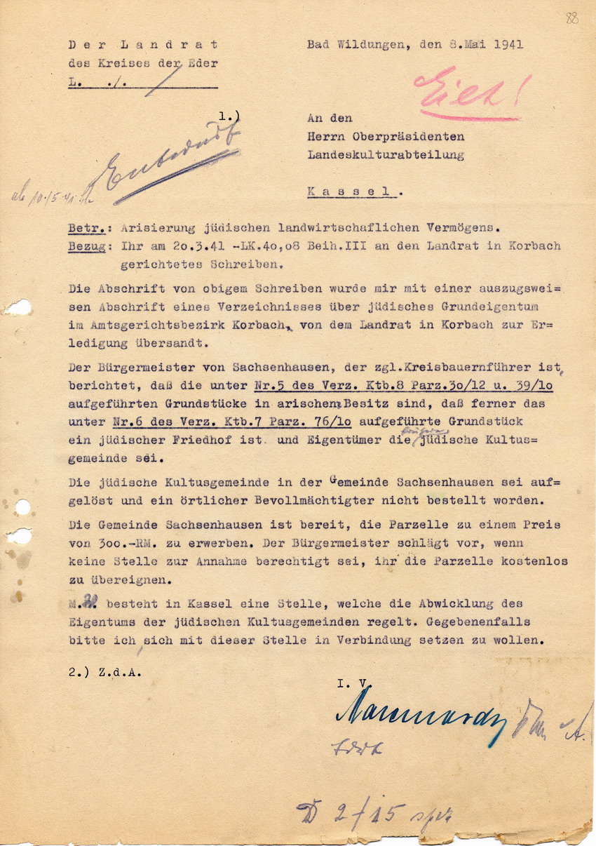 Antwortschreiben des Landrats des Kreises der Eder in Bad Wildungen an den Oberpräsidenten der Landeskulturabteilung in Kassel betreffend "Arisierung" von jüdischem landwirtschaftlichen Grundbesitz, 8. Mai 1941.