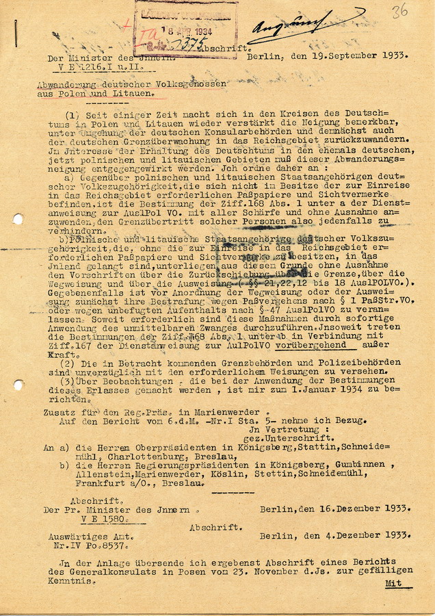 Vorgang die Abwanderung deutscher "Volksgenossen" aus Polen und Litauen betreffend, 1934