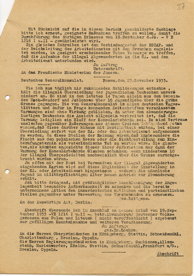 Vorgang die Abwanderung deutscher "Volksgenossen" aus Polen und Litauen betreffend, 1934