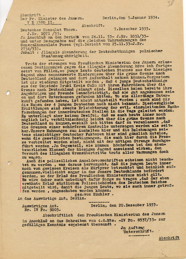 Vorgang die Abwanderung deutscher "Volksgenossen" aus Polen und Litauen betreffend, 1934