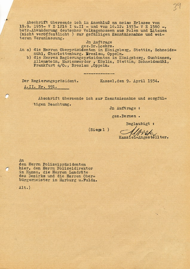 Vorgang die Abwanderung deutscher "Volksgenossen" aus Polen und Litauen betreffend, 1934